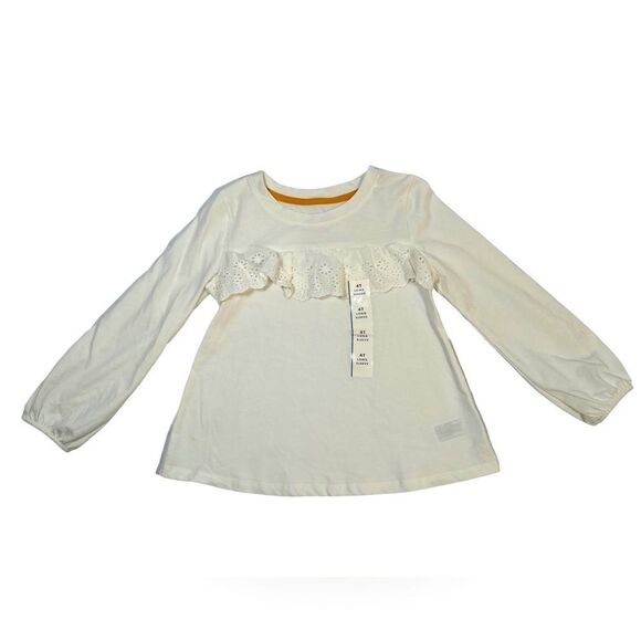 NWT Cat & Jack 4t White Long Sleeve Eyelet Ruffle Top Shirt Plain Solid Formal - Picture 1 of 7